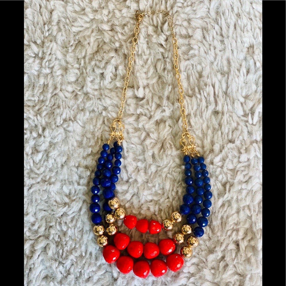 Triple Strand Blue Gold Red Bib Statement Necklace